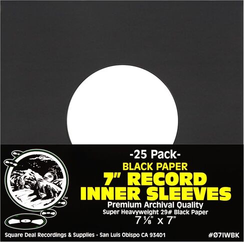 Square Deal Recordings & Supplies - 7" 45pm Vinyl Record Inner Sleeves - Archival Quality, Super Heavyweight 29# Black Paper with Hole - Set of 25#07IWBK in Kuwait