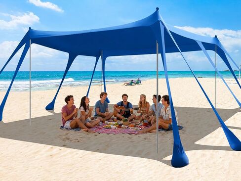 Beach Tent Sun Shelter 14 x 11FT, UPF50+ Protection Beach Shade Canopy with 8 Sandbags, Sand Shovel, Ground Pegs & Stability Poles, Beach Canopy for Camping, Fishing, Picnics, Trips in Kuwait