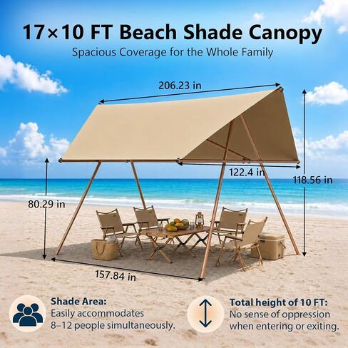 Freestanding Camping Sun Shelter,Waterproof UV‑Protection Outdoor Canopy with Full Rust‑Resistant Metal Frame, 300D Oxford Fabric, Spacious Shade Area for Camping,Picnic, Beach & Backyard Events in Kuwait