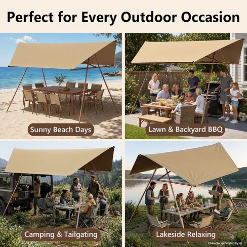 Freestanding Camping Sun Shelter,Waterproof UV‑Protection Outdoor Canopy with Full Rust‑Resistant Metal Frame, 300D Oxford Fabric, Spacious Shade Area for Camping,Picnic, Beach & Backyard Events in Kuwait