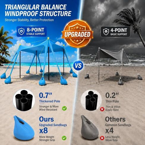 Beach Tent Sun Shelter 10x10 FT Beach Canopy Tent Sun Shade with 8 Sandbags, UPF 50+ Protection Sunscreen Beach Canopy, Outdoor Beach Shade for Sand, Camping Trip, Fishing, Backyard Fun Picnics in Kuwait
