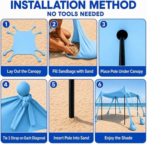 Beach Tent Sun Shelter 10x10 FT Beach Canopy Tent Sun Shade with 8 Sandbags, UPF 50+ Protection Sunscreen Beach Canopy, Outdoor Beach Shade for Sand, Camping Trip, Fishing, Backyard Fun Picnics in Kuwait