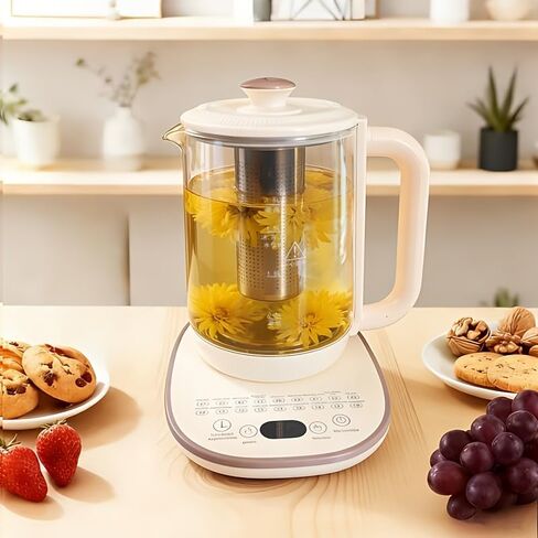 Royalstar Electric Glass Kettle, 60.87oz/1.8L Capacity, Smart Temperature Control, 18 Functions, Multi-Purpose for Formula, Tea, Coffee, 24-Hour Timer, White and Beige Base in Kuwait