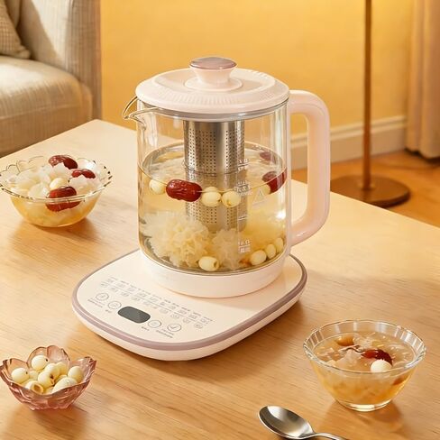 Royalstar Electric Glass Kettle, 60.87oz/1.8L Capacity, Smart Temperature Control, 18 Functions, Multi-Purpose for Formula, Tea, Coffee, 24-Hour Timer, White and Beige Base in Kuwait