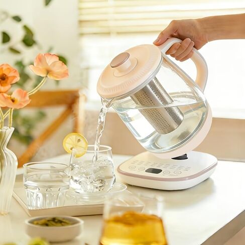 Royalstar Electric Glass Kettle, 60.87oz/1.8L Capacity, Smart Temperature Control, 18 Functions, Multi-Purpose for Formula, Tea, Coffee, 24-Hour Timer, White and Beige Base in Kuwait