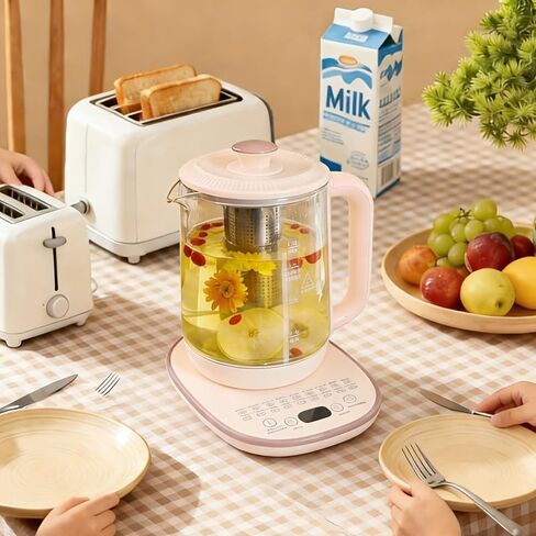 Royalstar Electric Glass Kettle, 60.87oz/1.8L Capacity, Smart Temperature Control, 18 Functions, Multi-Purpose for Formula, Tea, Coffee, 24-Hour Timer, White and Beige Base in Kuwait