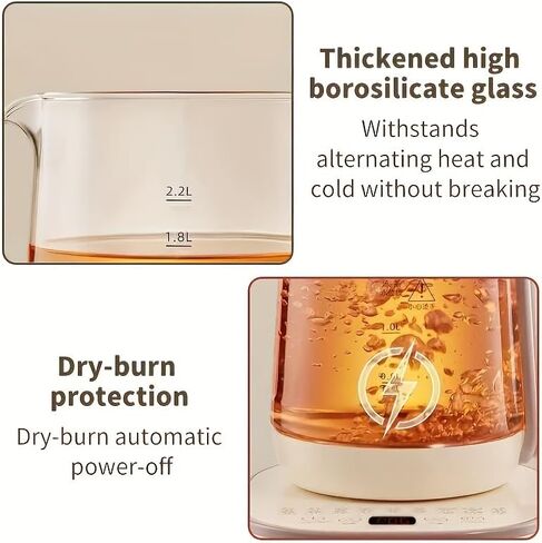 Royalstar Electric Glass Kettle, 60.87oz/1.8L Capacity, Smart Temperature Control, 18 Functions, Multi-Purpose for Formula, Tea, Coffee, 24-Hour Timer, White and Beige Base in Kuwait