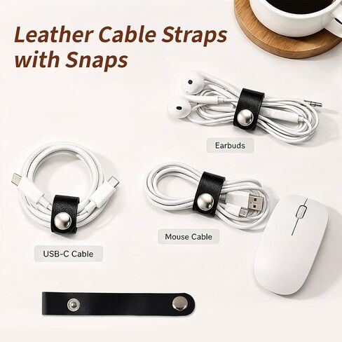 Dnyta 20 Pcs Leather Cable Straps with Snaps, Charger Cable Ties, Black in Kuwait