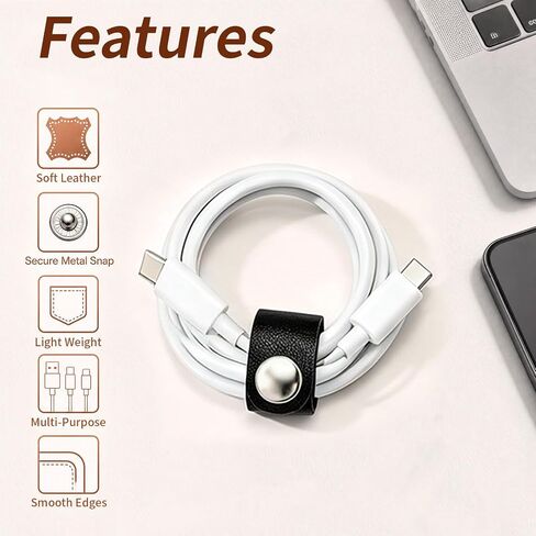 Dnyta 20 Pcs Leather Cable Straps with Snaps, Charger Cable Ties, Black in Kuwait