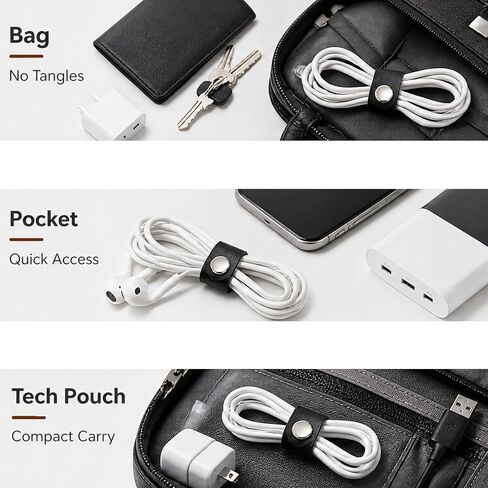 Dnyta 20 Pcs Leather Cable Straps with Snaps, Charger Cable Ties, Black in Kuwait