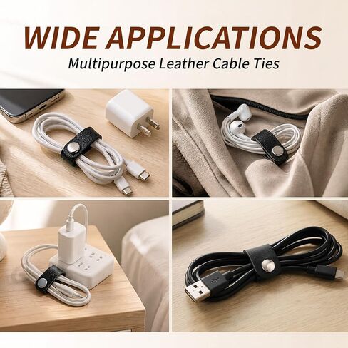 Dnyta 20 Pcs Leather Cable Straps with Snaps, Charger Cable Ties, Black in Kuwait