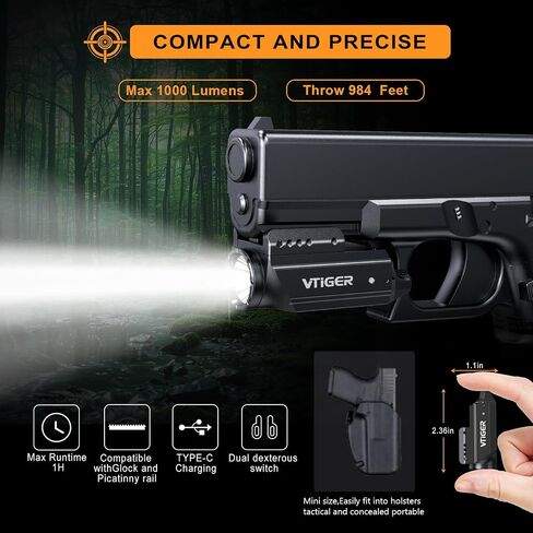 VTIGER PL1 Mini Powerful Compact Pistol Light, 1000 Lumens 984 FT Rechargeable Weapon Handgun Lights, Small Adjustable Rail-Mounted LED Tactical Flashlights for GL/1913 Picatinny Rail, IPX6 in Kuwait