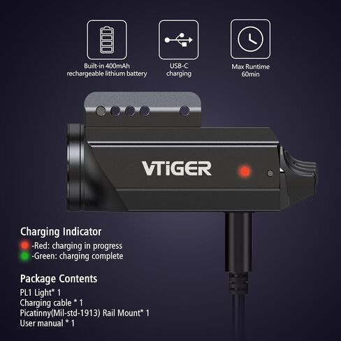 VTIGER PL1 Mini Powerful Compact Pistol Light, 1000 Lumens 984 FT Rechargeable Weapon Handgun Lights, Small Adjustable Rail-Mounted LED Tactical Flashlights for GL/1913 Picatinny Rail, IPX6 in Kuwait