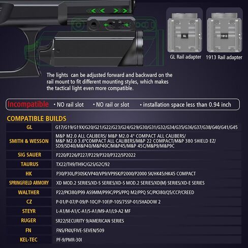 VTIGER PL1 Mini Powerful Compact Pistol Light, 1000 Lumens 984 FT Rechargeable Weapon Handgun Lights, Small Adjustable Rail-Mounted LED Tactical Flashlights for GL/1913 Picatinny Rail, IPX6 in Kuwait