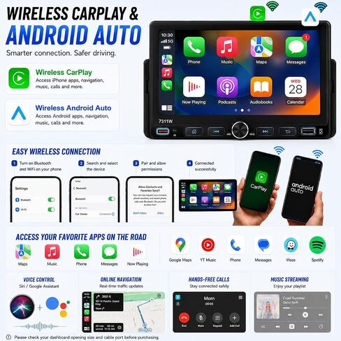 7" Single Din Car Stereo Radio with Wireless Apple CarPlay for Car in Kuwait