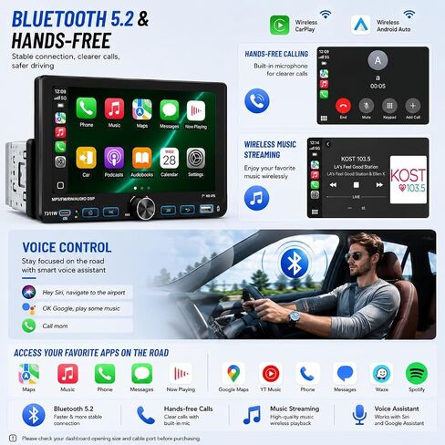 7" Single Din Car Stereo Radio with Wireless Apple CarPlay for Car in Kuwait