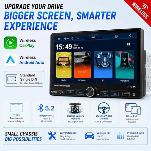 7" Single Din Car Stereo Radio with Wireless Apple CarPlay for Car in Kuwait