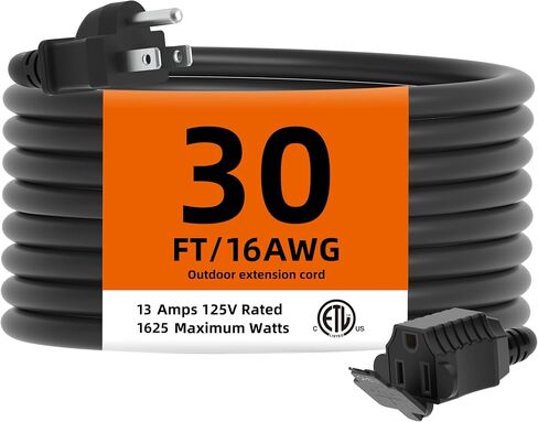 TiFFCOFiO Indoor Outdoor Extension Cord Waterproof, 30 Feet 3 Prong Power Cord for Home and Garden, 16 AWG, 13A/1625W, ETL Listed (30 FT) in Kuwait