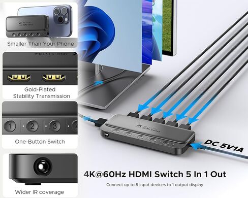 ByteWave 5 in 1 Out HDMI Switch with Remote, 4K@60Hz Multi Port Hub Adapter in Kuwait