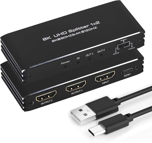 8K@60Hz HDMI Splitter 1 in 2 Out, 1x2 HDMI 2.1 Splitter Support 4K@120Hz, 1080P@240Hz VRR HDCP2.3 HDR HDR10 48Gbps EDID Dolby Atmos 7.1ch in Kuwait