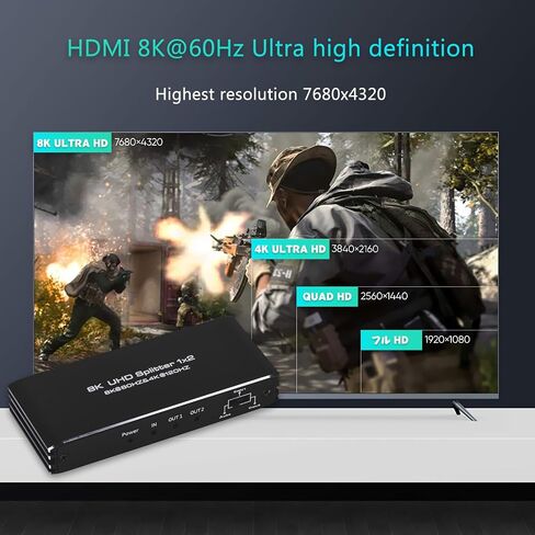 8K@60Hz HDMI Splitter 1 in 2 Out, 1x2 HDMI 2.1 Splitter Support 4K@120Hz, 1080P@240Hz VRR HDCP2.3 HDR HDR10 48Gbps EDID Dolby Atmos 7.1ch in Kuwait