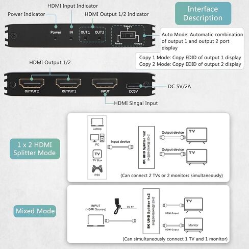 8K@60Hz HDMI Splitter 1 in 2 Out, 1x2 HDMI 2.1 Splitter Support 4K@120Hz, 1080P@240Hz VRR HDCP2.3 HDR HDR10 48Gbps EDID Dolby Atmos 7.1ch in Kuwait