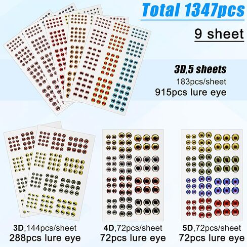 1347pcs Fishing Eyes 3D/4D/5D Realistic Fish Lure Eye for Lures Making Fishig Bait Fly Tying Streamers Lures Crafts 3 mm/ 4 mm/ 5 mm/ 6 mm/ 8 mm/ 10 mm in Kuwait