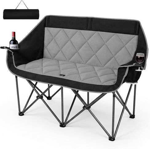 Double Camping Chair for 2 Persons, Oversized Folding Loveseat Camping Chair with Cup & Wine Holders, Heavy Duty 750LBS Support, Portable Camping Couch for Outdoor, Lawn, Beach, Black+Grey in Kuwait