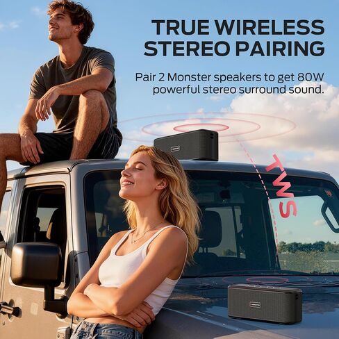 Monster Shock Plus Bluetooth Speaker,Portable Speaker with 40W Loud Stereo Sound, Bluetooth 6.0,TWS Pairing, 20H Playtime,Support AUX/TF Card,IPX6 Waterproof Wireless Speakers for Outdoor,Home,Travel in Kuwait