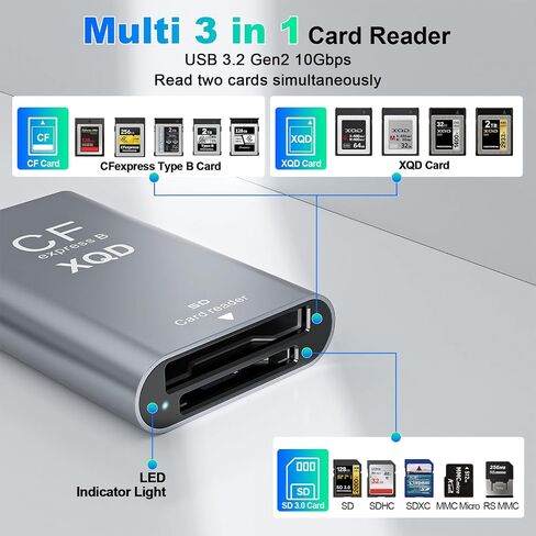 CFexpress Type B/XQD/SD Card Reader 10Gbps,USB C 3.2 (Gen 2) CF Express B UHS-II/UHS-I Dual Slot Card Adapter 3 in 1 Aluminum XQD Memory Card Reader for Thunderbolt 3/4 for Professional Filmmakers in Kuwait