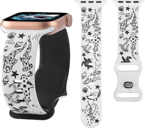Engraved Shark Double Color Silicone Band Compatible with Apple Watch 38mm 40mm 41mm 42mm 44mm 45mm 46mm 49mm Cute Fancy Laser Sport Strap Compatible for iWatch Series SE Ultra 11 10 9 8 7 6 5 4 3 2 1 in Kuwait