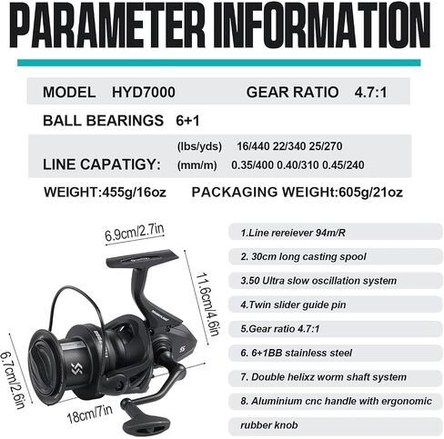 Sougayilang Big Pit Catfish Reel – 44LB Drag, 4.7:1, 6+1 Bearings, 30mm Long Stroke Spool, Large Line Capacity, Graphite Body – Heavy Duty Catfish & Carp Reel in Kuwait