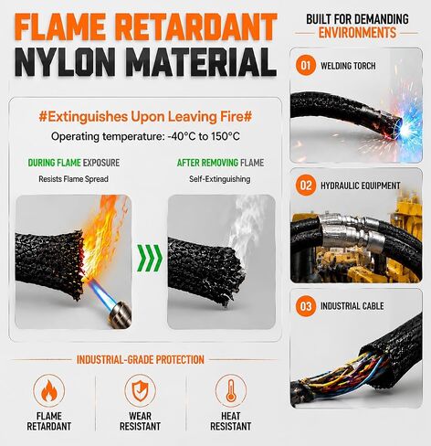 32.8 FT Nylon Hydraulic Hose Protector Sleeve, Expandable & Flame Retardant, Hose Protector Cover for Hydraulic Hoses, Welding Cables and Industrial Wire Protection, Fits Most Hoses Up to 1.25" OD in Kuwait