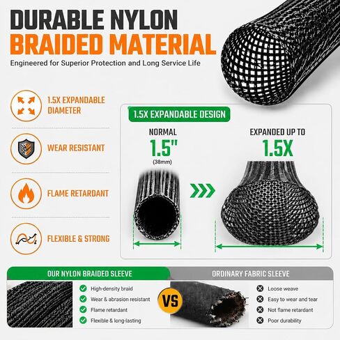 32.8 FT Nylon Hydraulic Hose Protector Sleeve, Expandable & Flame Retardant, Hose Protector Cover for Hydraulic Hoses, Welding Cables and Industrial Wire Protection, Fits Most Hoses Up to 1.25" OD in Kuwait
