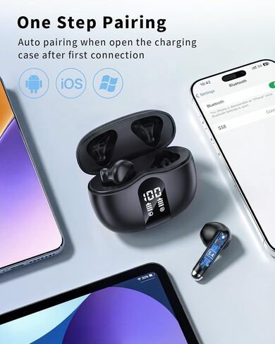 Wireless Earbuds, 2026 Bluetooth 5.4 Headphones Bass Stereo Ear Buds with Noise Cancelling Mic, LED Display in Ear Earphones 50H Playtime Ear Buds, IP7 Waterproof for Laptop Pad Phones, Soft Black in Saudi Arabia