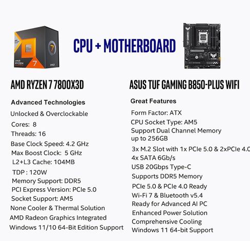 Micro Center 3-in-1 Combo: AMD Ryzen 7 7800X3D CPU Processor with ASUS TUF Gaming B850-PLUS WiFi AM5 ATX Motherboard and KLEVV CRAS V RGB DDR5 32GB (2x16GB) 6000MHz Ram Memory Black in Kuwait