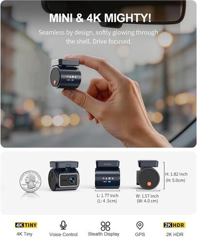 KAWA 4K Mini Dash Cam Front, Stealth Display, Voice Control, Wi-Fi 6 & GPS in Kuwait