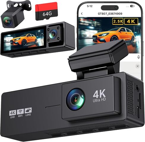 4K+2.5K+1080P 3 Channel Dash Cam Front, Rear, Inside, 64GB SD Card Included in Kuwait