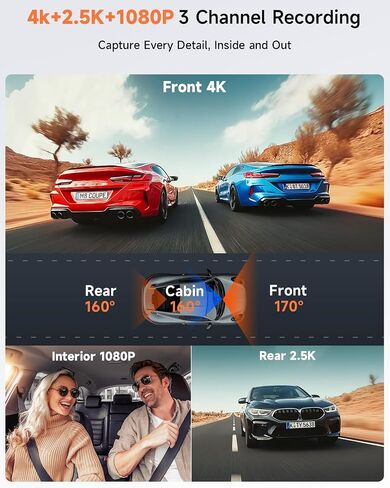4K+2.5K+1080P 3 Channel Dash Cam Front, Rear, Inside, 64GB SD Card Included in Kuwait