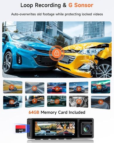 4K+2.5K+1080P 3 Channel Dash Cam Front, Rear, Inside, 64GB SD Card Included in Kuwait