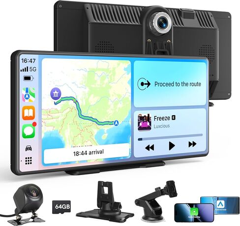 Plimpton Portable Wireless Carplay Screen - 10.36'' HD Touchscreen for Apple CarPlay & Android Auto, Dash Cam, Voice Control, Loop Recording, Backup Camera, Mirror Link, FM, Bluetooth for All Vehicles in Kuwait
