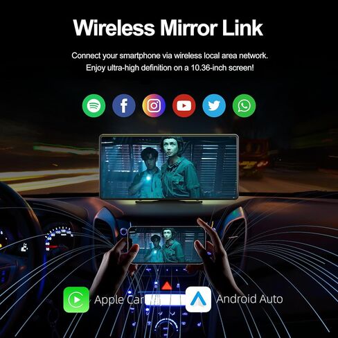 Plimpton Portable Wireless Carplay Screen - 10.36'' HD Touchscreen for Apple CarPlay & Android Auto, Dash Cam, Voice Control, Loop Recording, Backup Camera, Mirror Link, FM, Bluetooth for All Vehicles in Kuwait