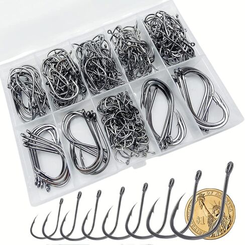 310Pcs/Box （22# ...15# 10# Fishing Hook, Forged Steel/Barded Design, 8 Sizes Universal Octopus Fishing Hooks Set， Sharp/High Carbon/Hook Eye, Suitable Sizes in Freshwater Saltwater in Kuwait