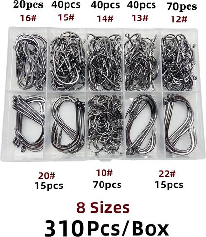 310Pcs/Box （22# ...15# 10# Fishing Hook, Forged Steel/Barded Design, 8 Sizes Universal Octopus Fishing Hooks Set， Sharp/High Carbon/Hook Eye, Suitable Sizes in Freshwater Saltwater in Kuwait