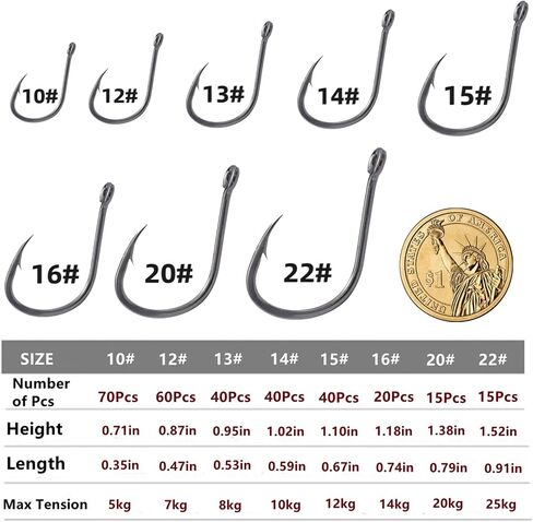 310Pcs/Box （22# ...15# 10# Fishing Hook, Forged Steel/Barded Design, 8 Sizes Universal Octopus Fishing Hooks Set， Sharp/High Carbon/Hook Eye, Suitable Sizes in Freshwater Saltwater in Kuwait