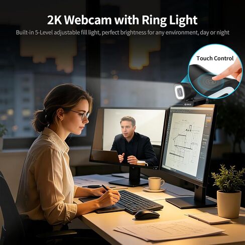 TOALLIN 2K Streaming Webcam with Ring Light, 1080P@60fps, Dual Mic in Kuwait
