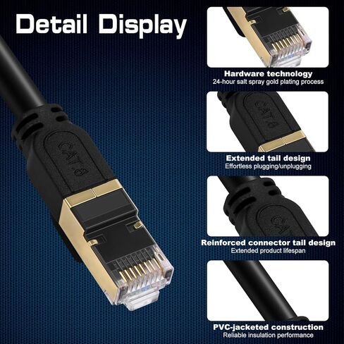 Cat 8 Ethernet Cable, 50ft 15M Heavy Duty High Speed Network LAN Patch Cord with Gold Plated RJ45 Connectors, 26AWG, 2000Mhz Indoor & Outdoor Internet Network Cable for Modem Router Gaming PC in Kuwait
