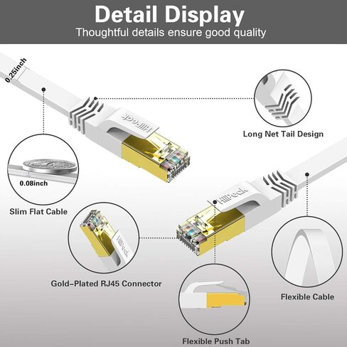 HiiPeak Cat 8 Ethernet Cable 100ft - Cat8 Flat Internet Cable High Speed LAN Patch Network Cables with RJ45 Gold Plated Connector, Compatible with Cat5/Cat6/Cat7, White(100 ft) in Kuwait