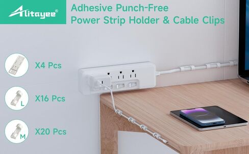 Socket Holder Cable Management Kit, 4Pcs Adhesive Punch-Free Power Strip Holder with 16PCS(L) Adhesive Cable Organizer 20PCS(M) Adhesive Cable Clips, Extension Cord Organizer for Kitchen Home Office in Kuwait