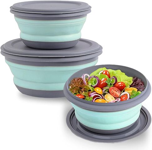 Collapsible Bowls, 3pcs Food Grade Silicone Camping Bowl Salad Bowl with lids, Portable Expandable Lunch Box Food Storage Container for Camping Travel and Picnic,Blue in Kuwait